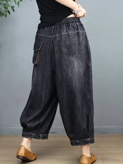 Washed Denim Cropped Balloon Pants With Elastic Waist And Large Patch Pockets