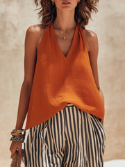 Women's Art Stylish Casual Top And Striped Pants Cotton Linen Two-piece Set