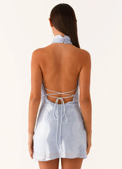 Robe Courte Nora à Col Bénitier Pailleté - Bleu