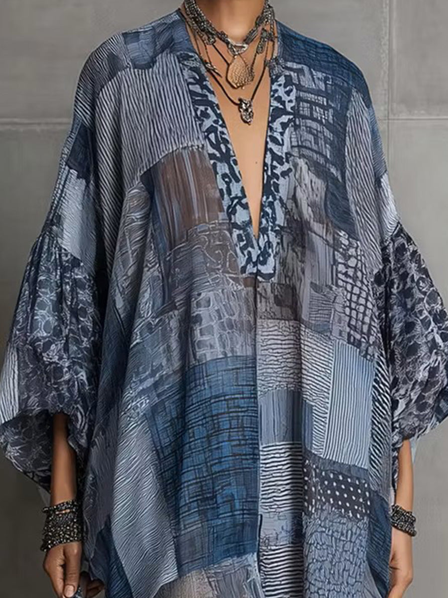 Blue Patchwork Print Sheer Kaftan Tunic Dress
