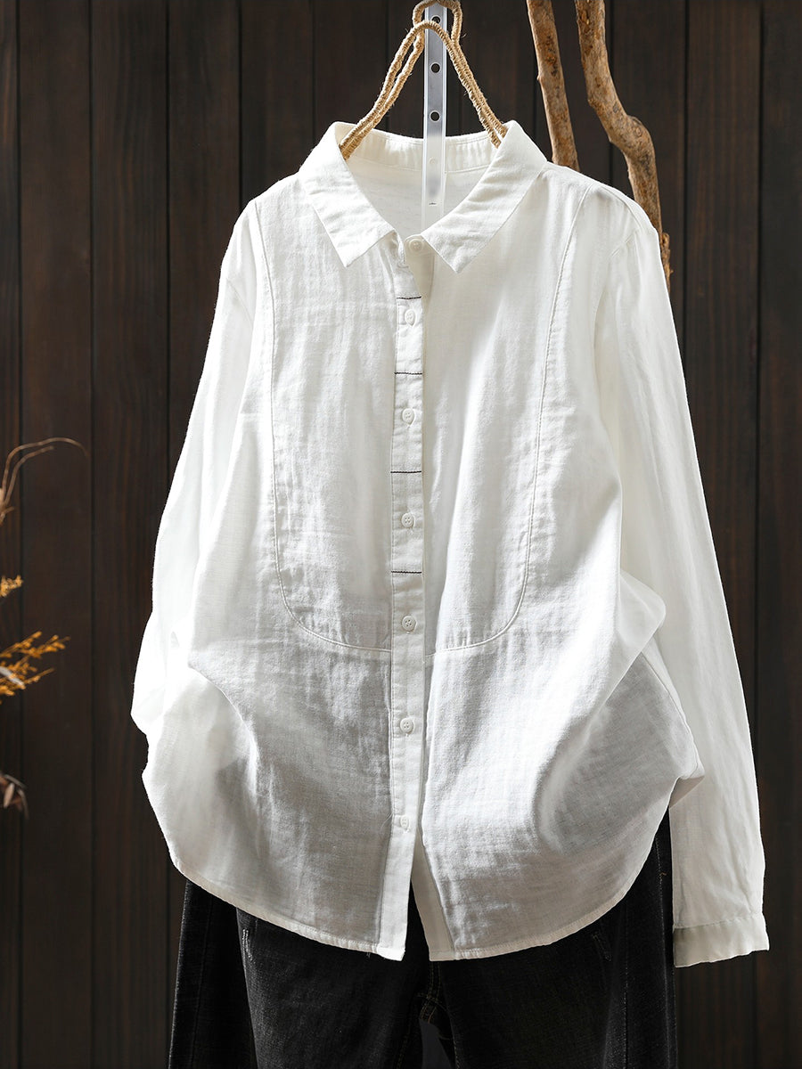 Women Spring Pure Color Turn-down Collar 100%Cotton Shirt