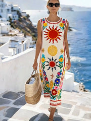 Women'S Round Neck Sleeveless Color-Block Printed Dress