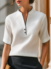 Women's V-neck Short-sleeve Casual Loose Cotton-linen Top