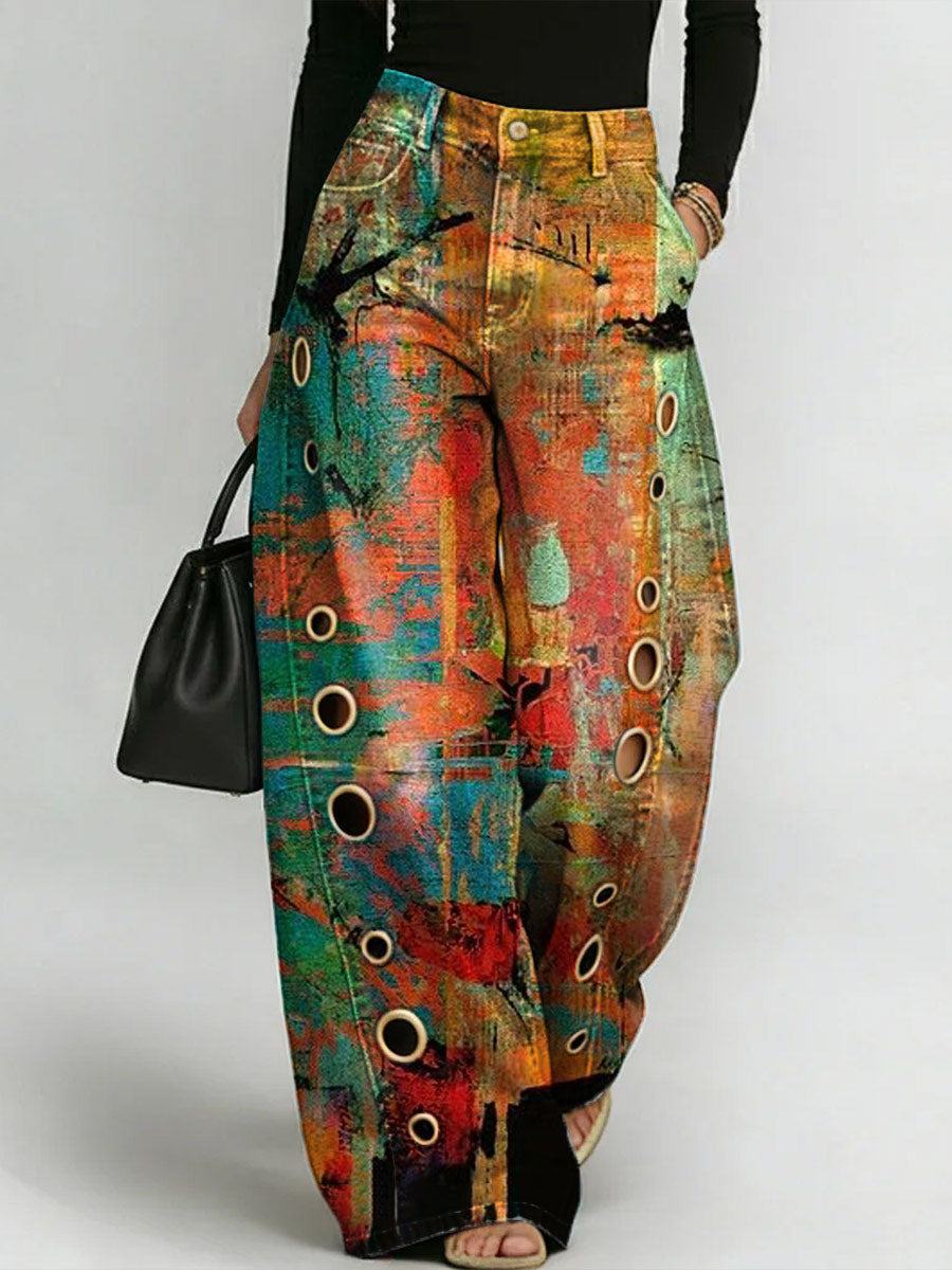 Women's Vintage Print Casual Fashion Cutout Jeans
