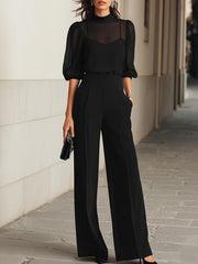 Women's Solid-color Two-piece Set: Stand-collar Short-sleeve, Loose-fit Chiffon Top & High-waisted Wide-leg Pants