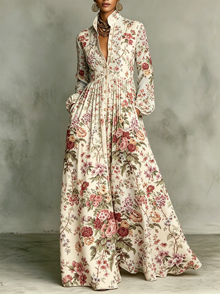 Retro Floral Print Stand-collar Long-sleeve Shirt Dress