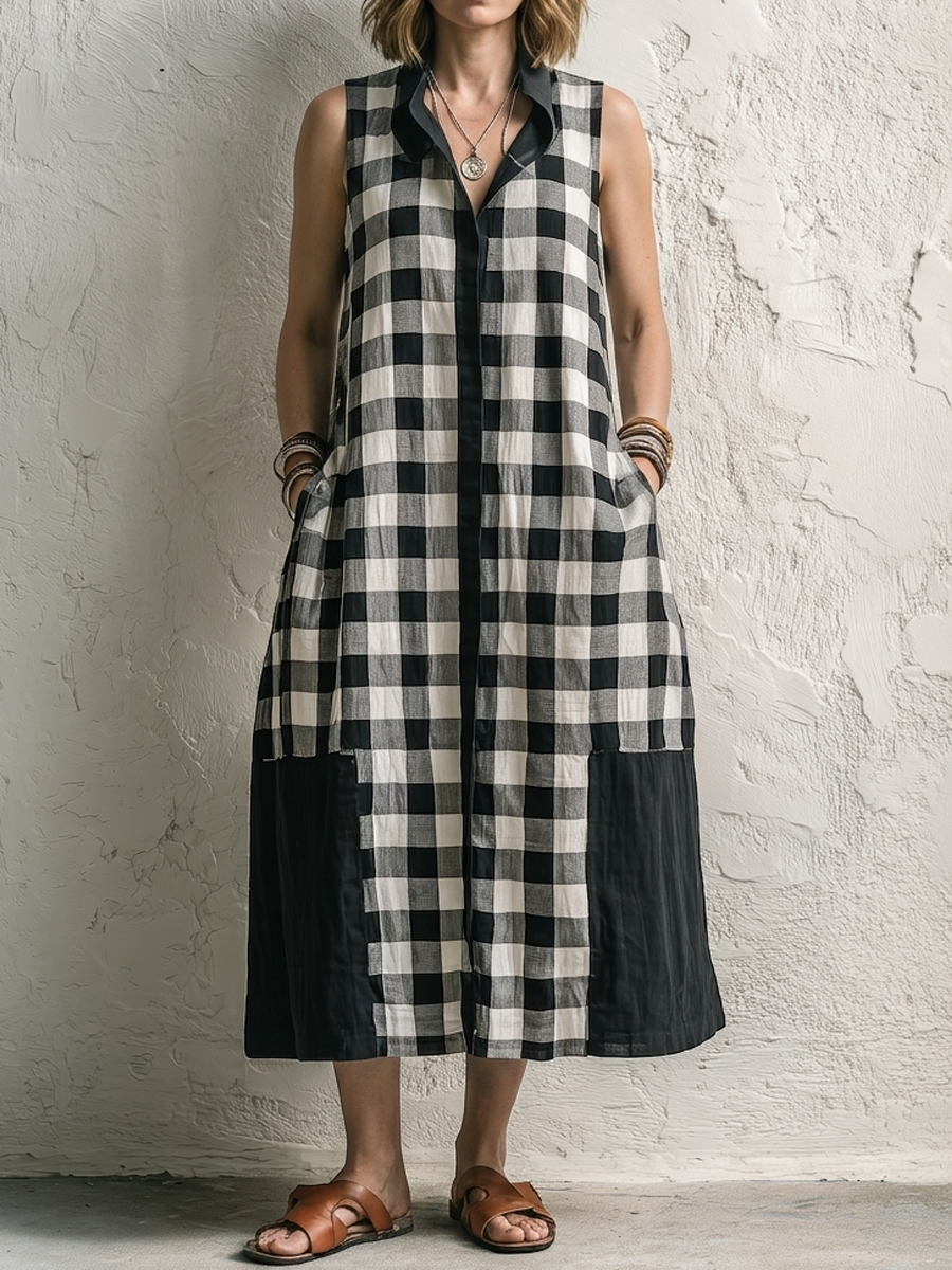Black & White Gingham Patchwork Sleeveless Linen-cotton Shirt Dress