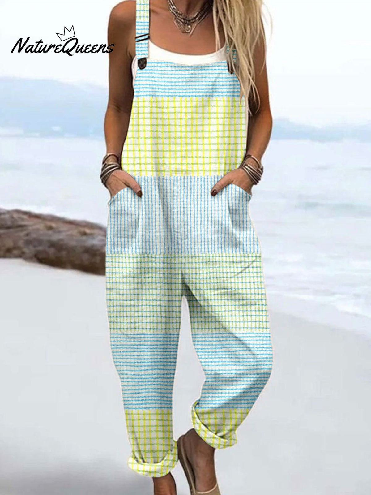 Women's Vintage Abstract Geometric Lines ArtPrint Casual 100% Cotton Wide Leg Jumpsuit