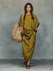Casual Boat-neck Pleated Cotton-linen Dress