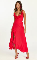 Robe mi-longue Vivienne - Robe rouge à volants avec fente et col orné d'une rosette
