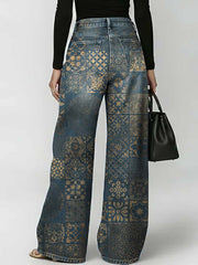Women's Retro Floral Art Print Casual Stylish Hollow Denim Pants