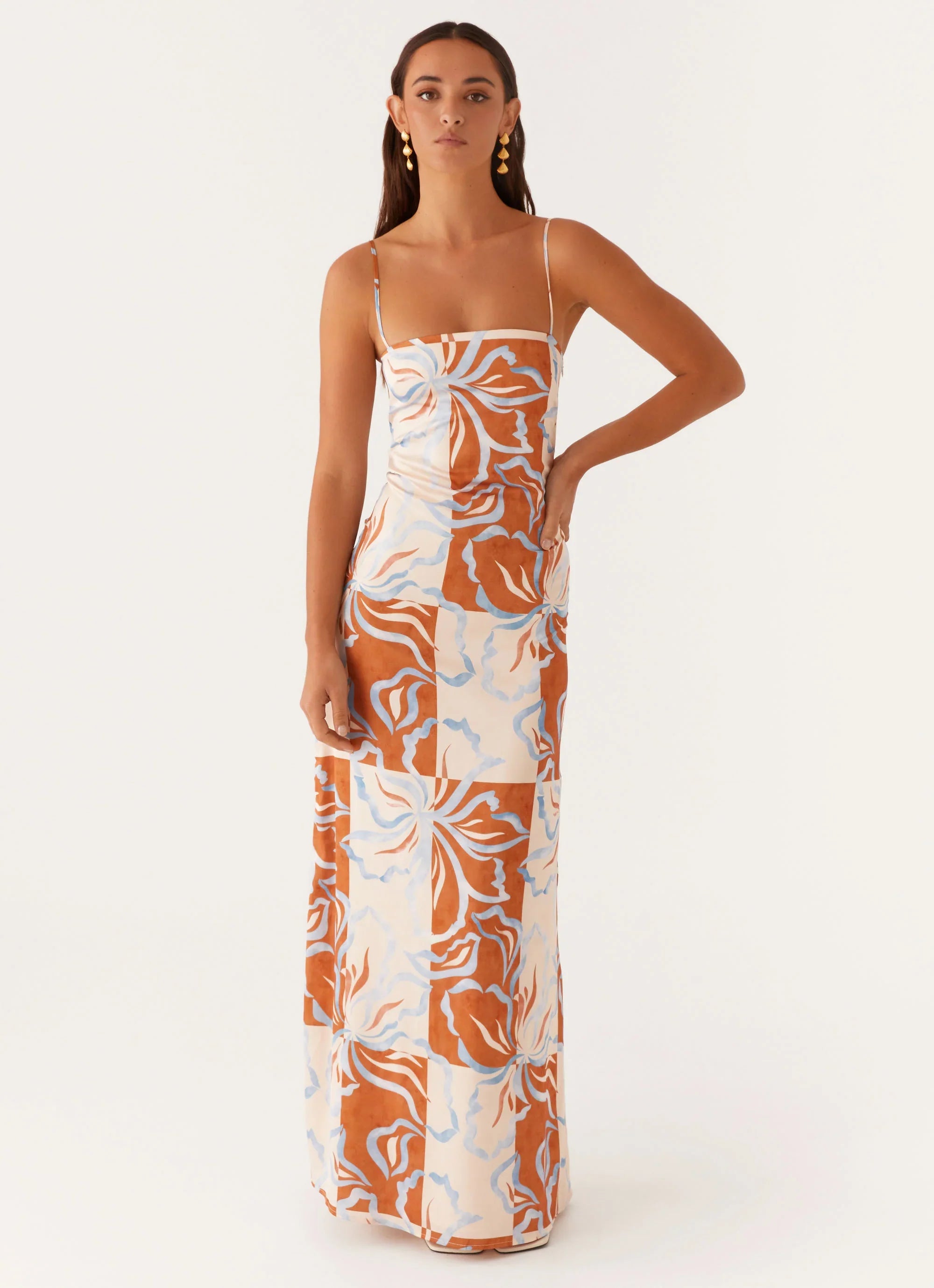 Robe longue Aster Bloom – Fleurs oranges et bleues