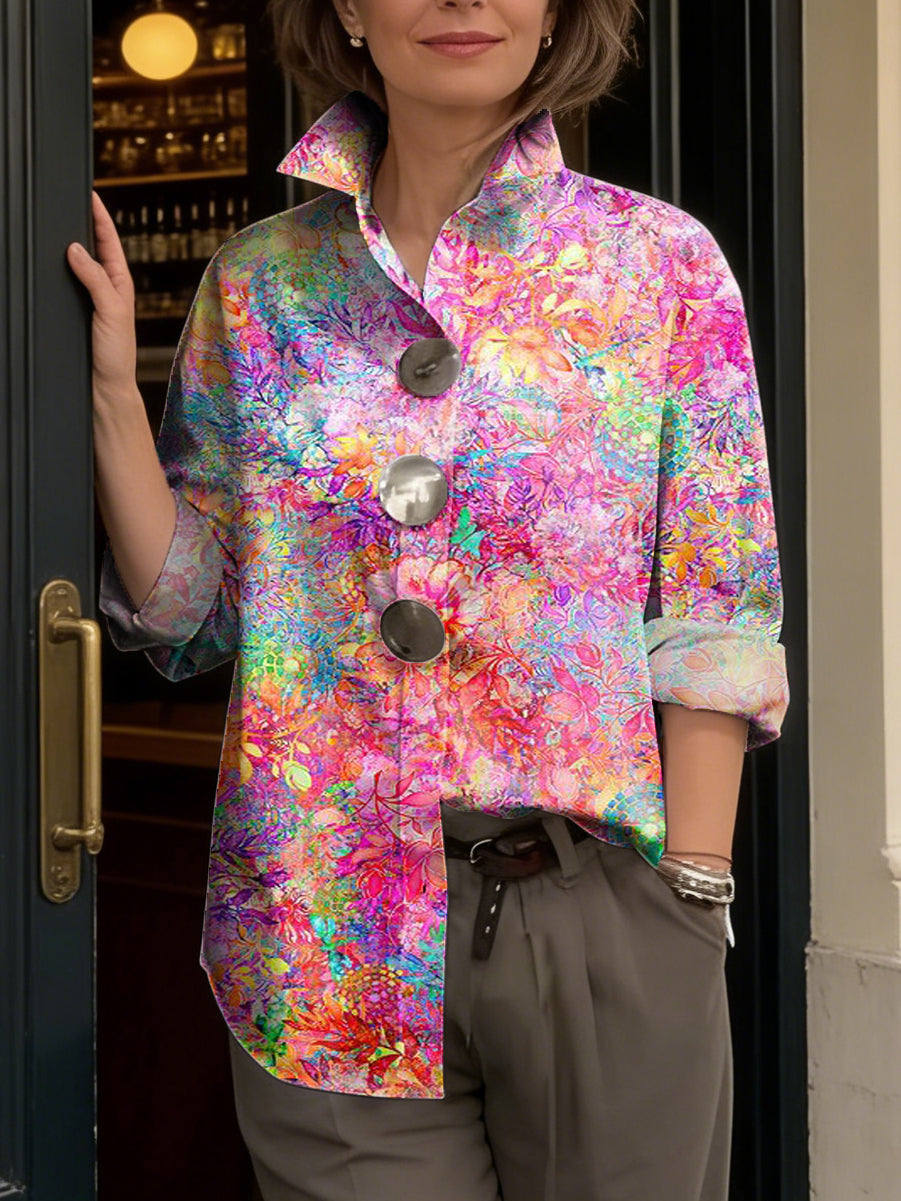 Women's Colorful Abstract Art Print Cotton Shirt — Lapel, Long Sleeve, Casual Loose Fit