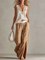 Women's Casual Cotton-linen Set: Loose-fit V-neck Sleeveless Top & High-waisted Wide-leg Pants