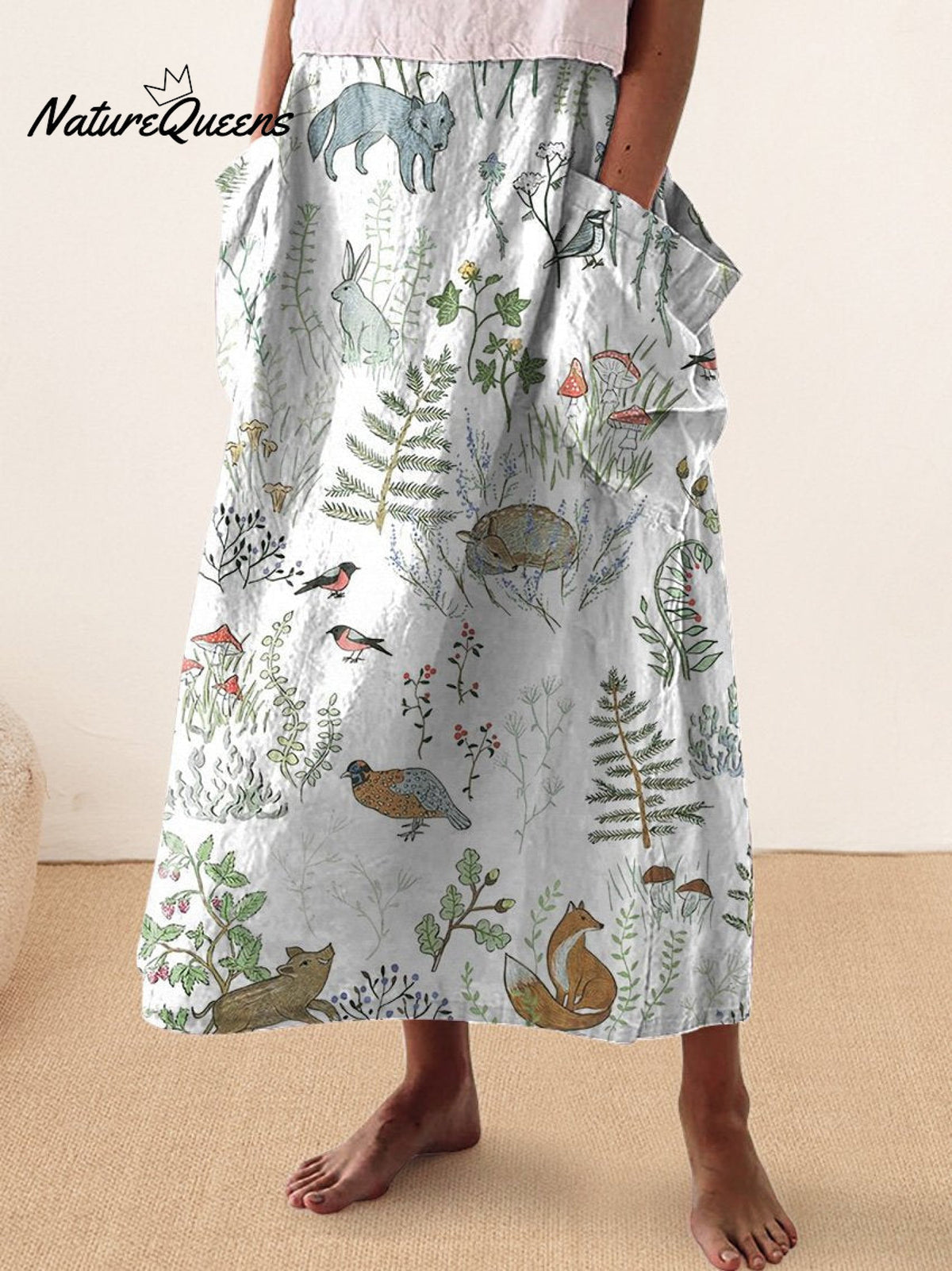 Woodland And Animal Pattern Printed Women's Linen Pocket Skirt