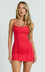 Robe Gigi Mini en mélange de lin - Robe à col en cœur et dos noué avec détails festonnés, en rouge
