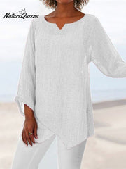 JFN Cotton & Linen Asymmetric Hem Loose Fit Long Sleeve Shirts Tunic Top