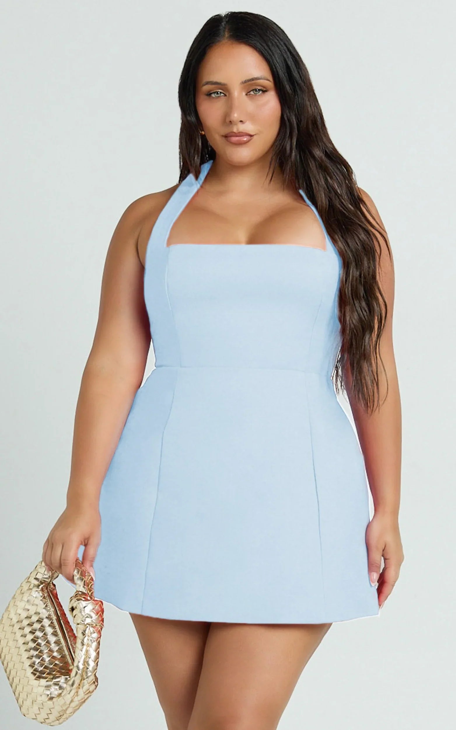 Mini-robe Dante - Robe à col halter à nouer et jupe tulipe bleu doux