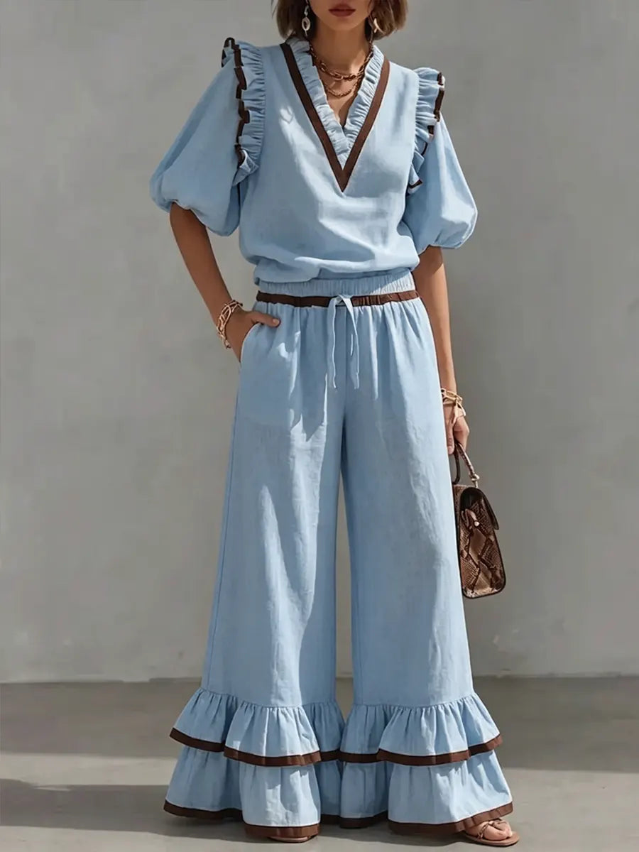 Lace-trimmed V-neck Cotton And Linen Set
