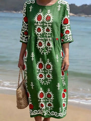 Women's CasualRound Neck Mid Sleeve Print Cotton and Linen Dress