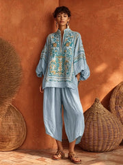 Bohemian Floral Print Linen And Cotton Two-piece Top And Pants Set