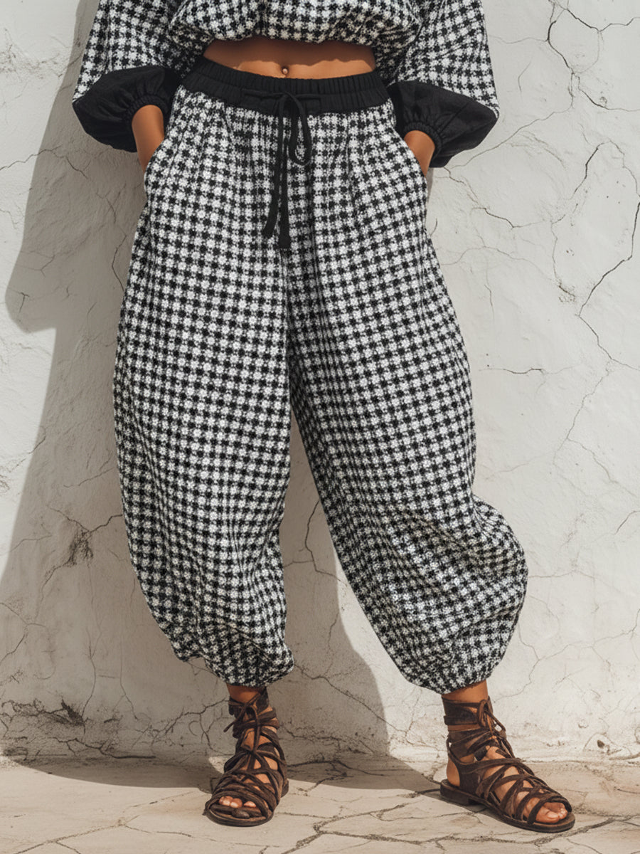 Black & White Houndstooth Balloon Sleeve Crop Top & Harem Pants Set