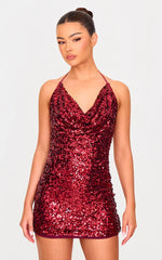Robe moulante à sequin, dos nu et col bénitier, couleur aqua