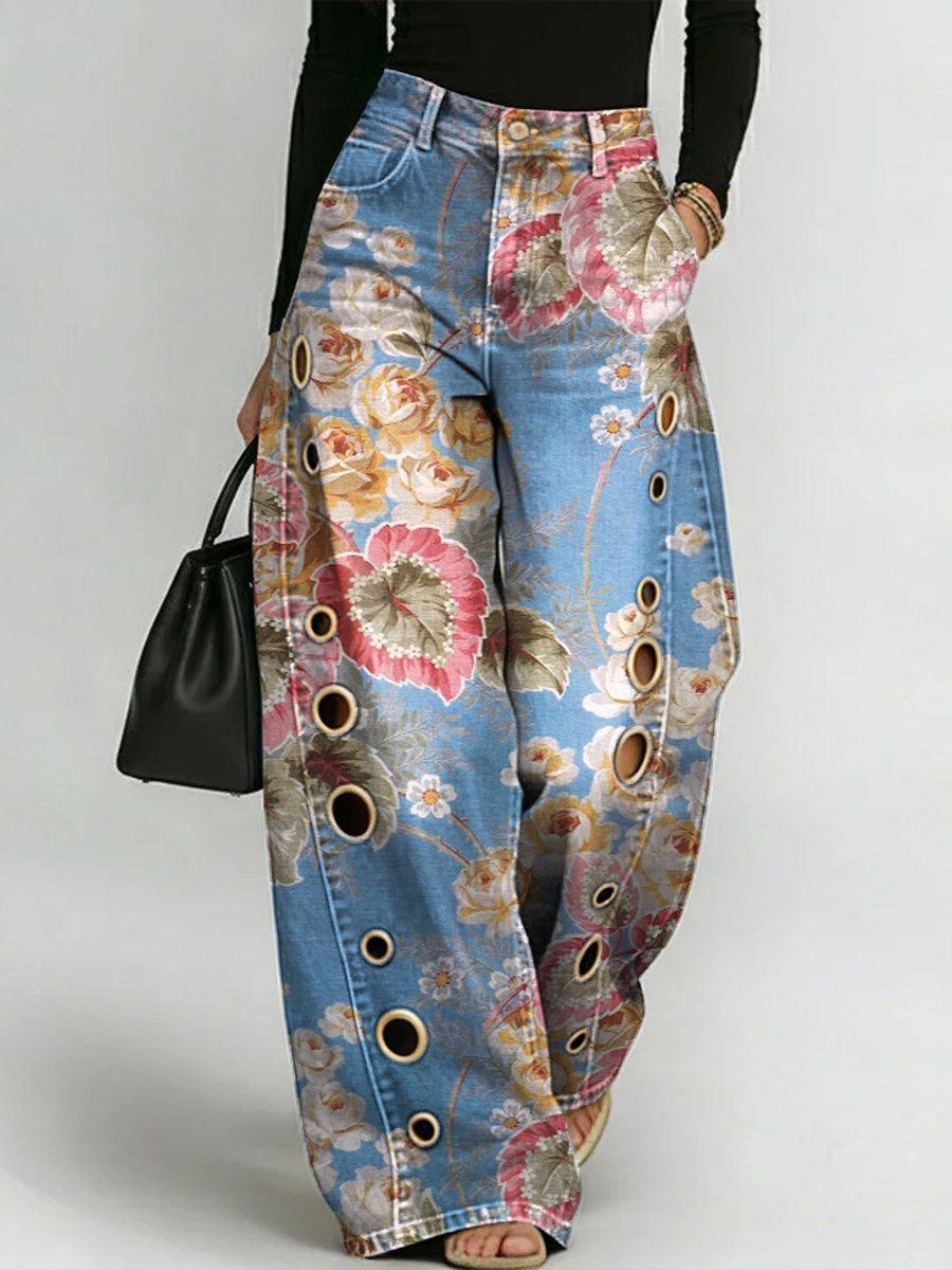 Women's Retro Flowers Print Casual Fashion Cutout Jeans