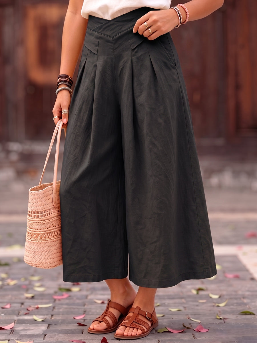 Cozy Cotton-linen Wide-leg Cropped Culottes