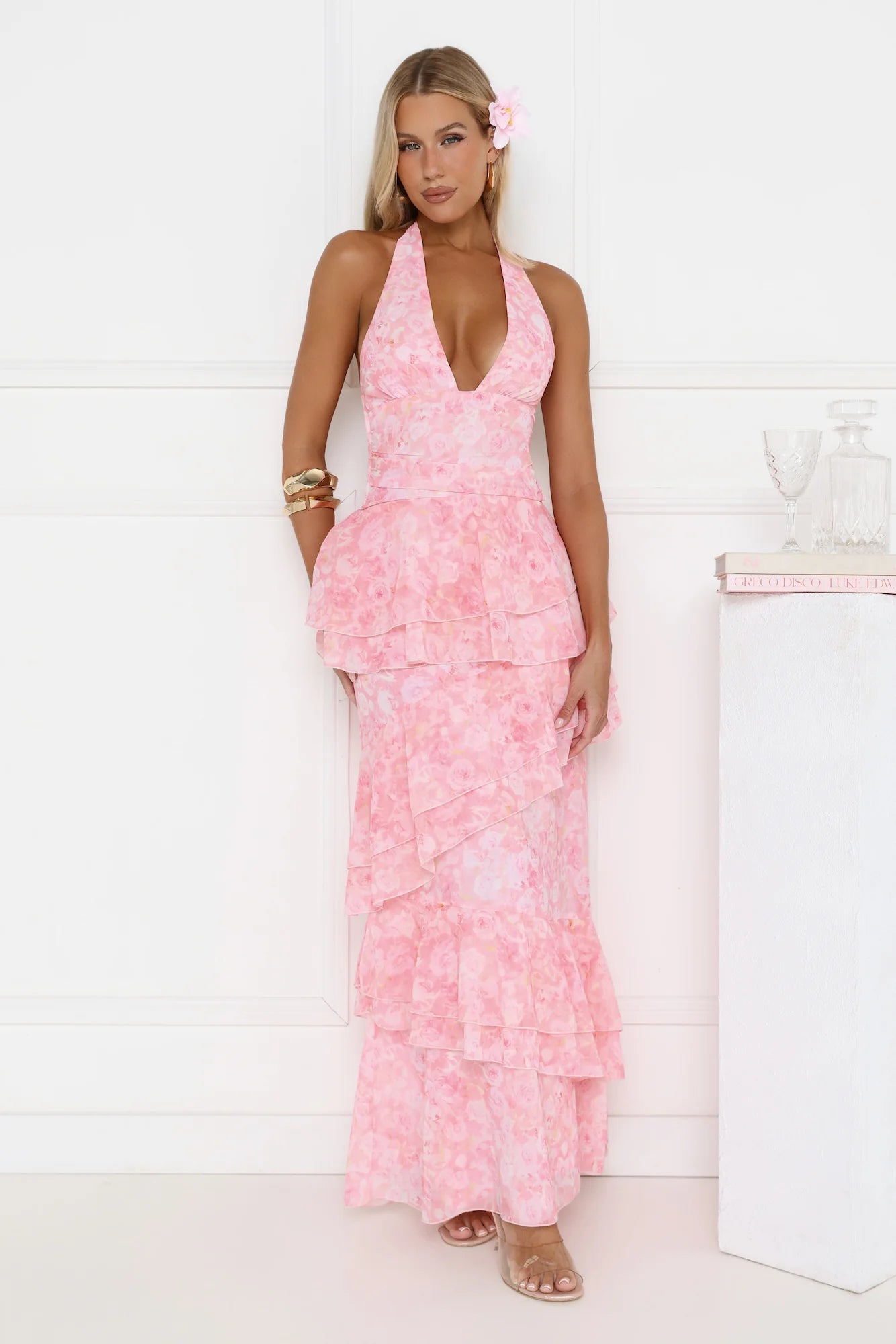 Robe longue à volants et licou Tropical Bloom rose
