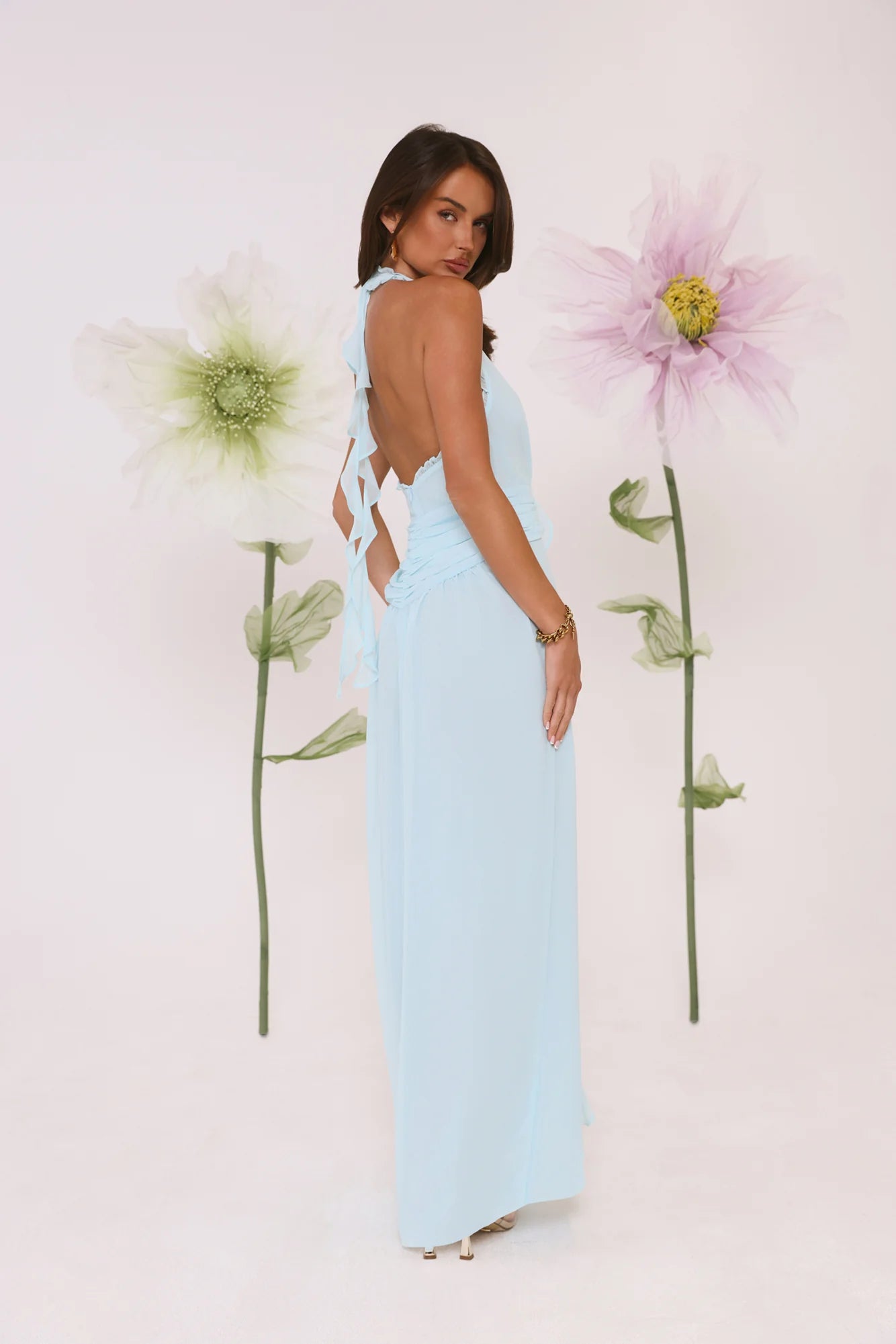 Robe longue dos nu « Nuits de verre marin » bleue