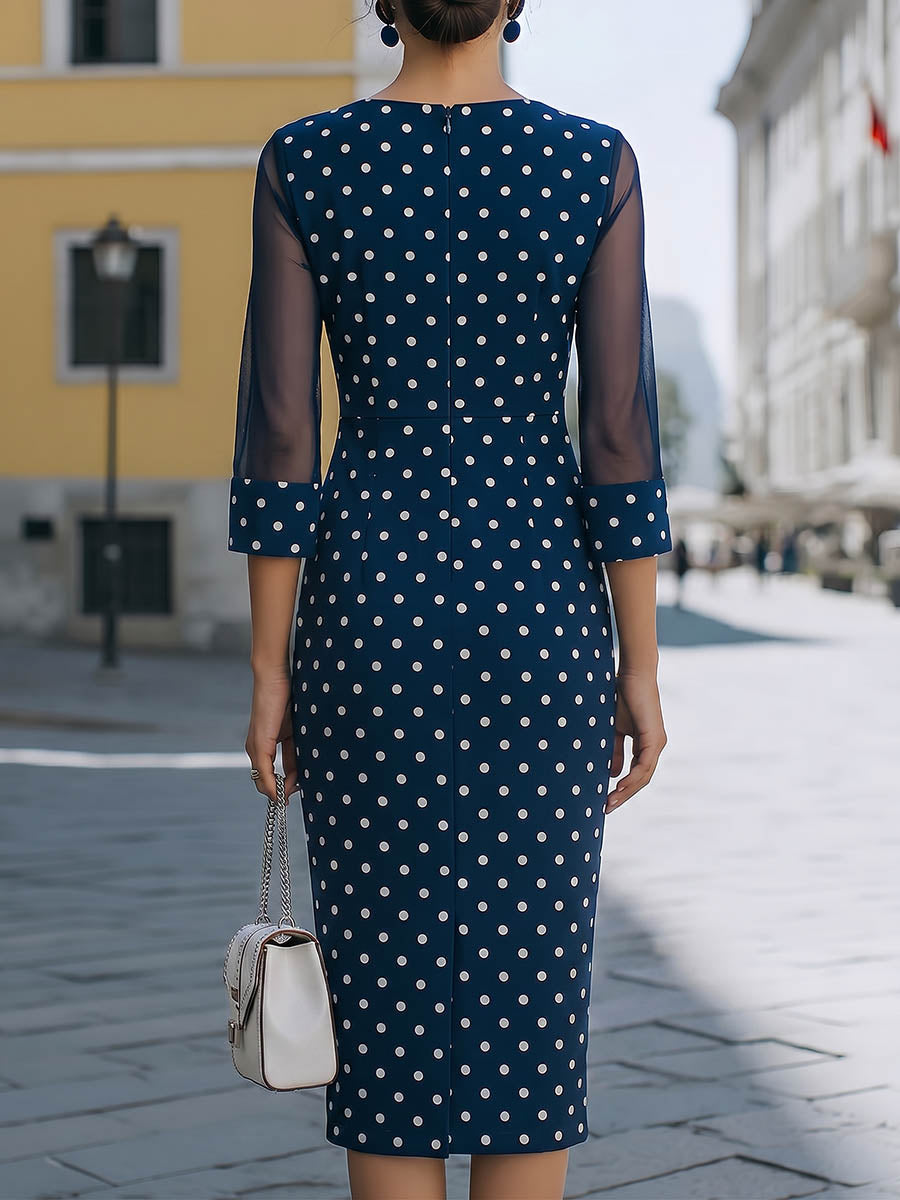 Women's Polka Dot Print Round Neck 3/4-sleeve Casual Slim-fit Pencil Dress