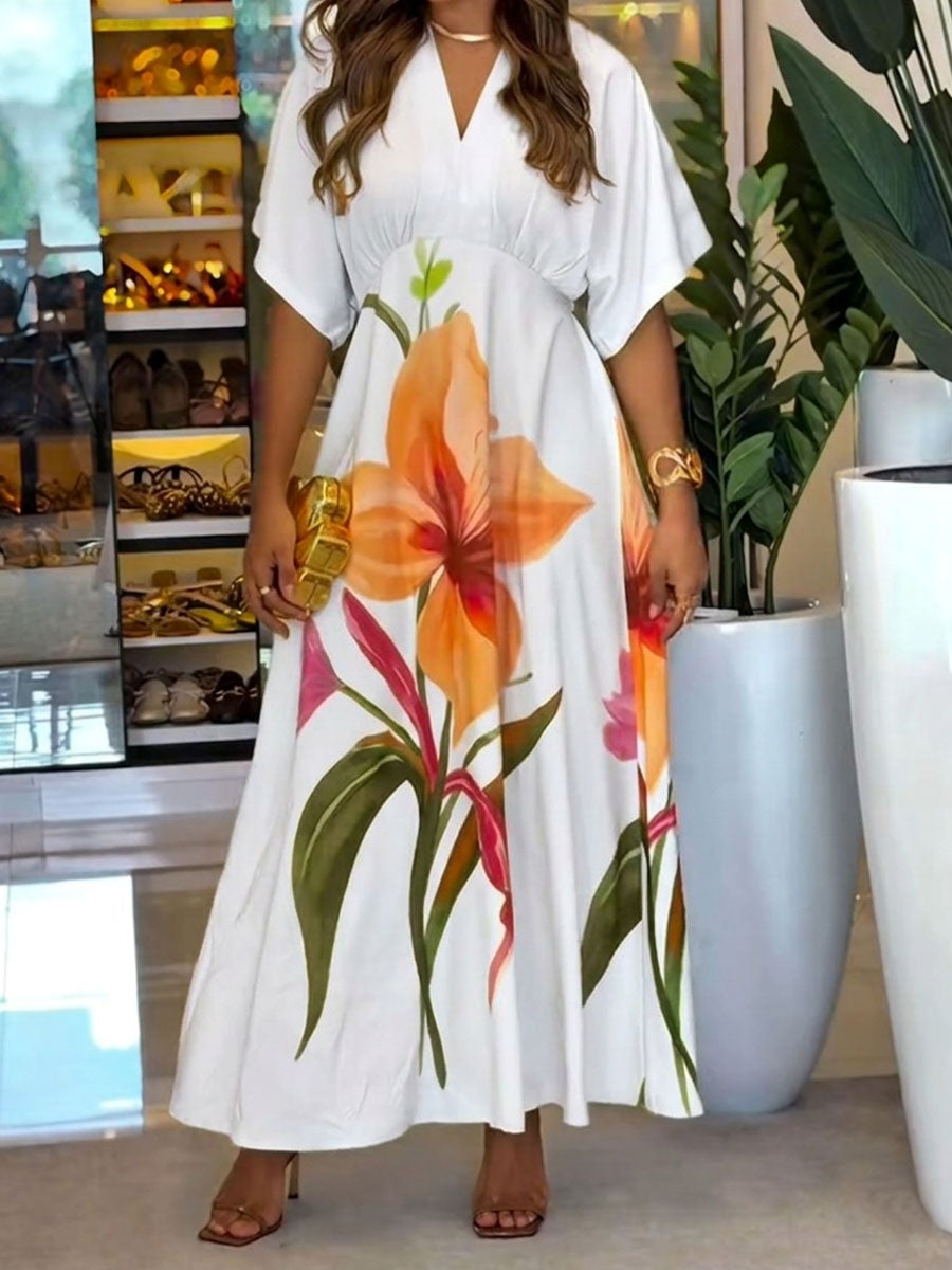Women's V-neck Short-sleeve A-line Dress — Relaxed Fit With Placement Print