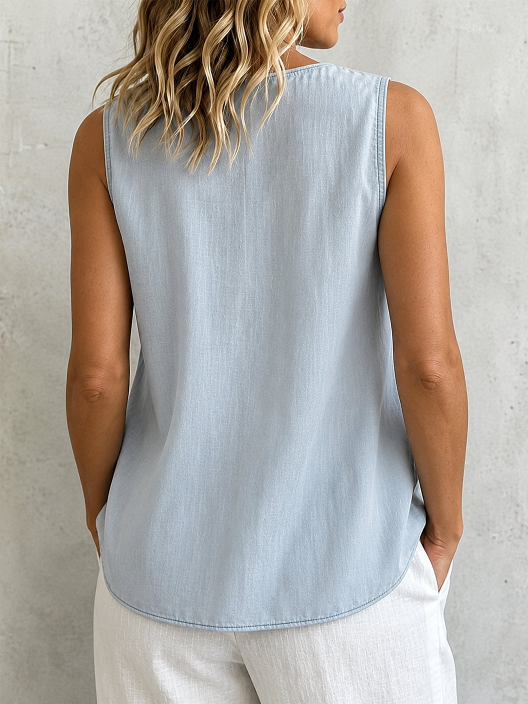 Cotton-linen Sleeveless Vest With Front Embroidery And U-neck