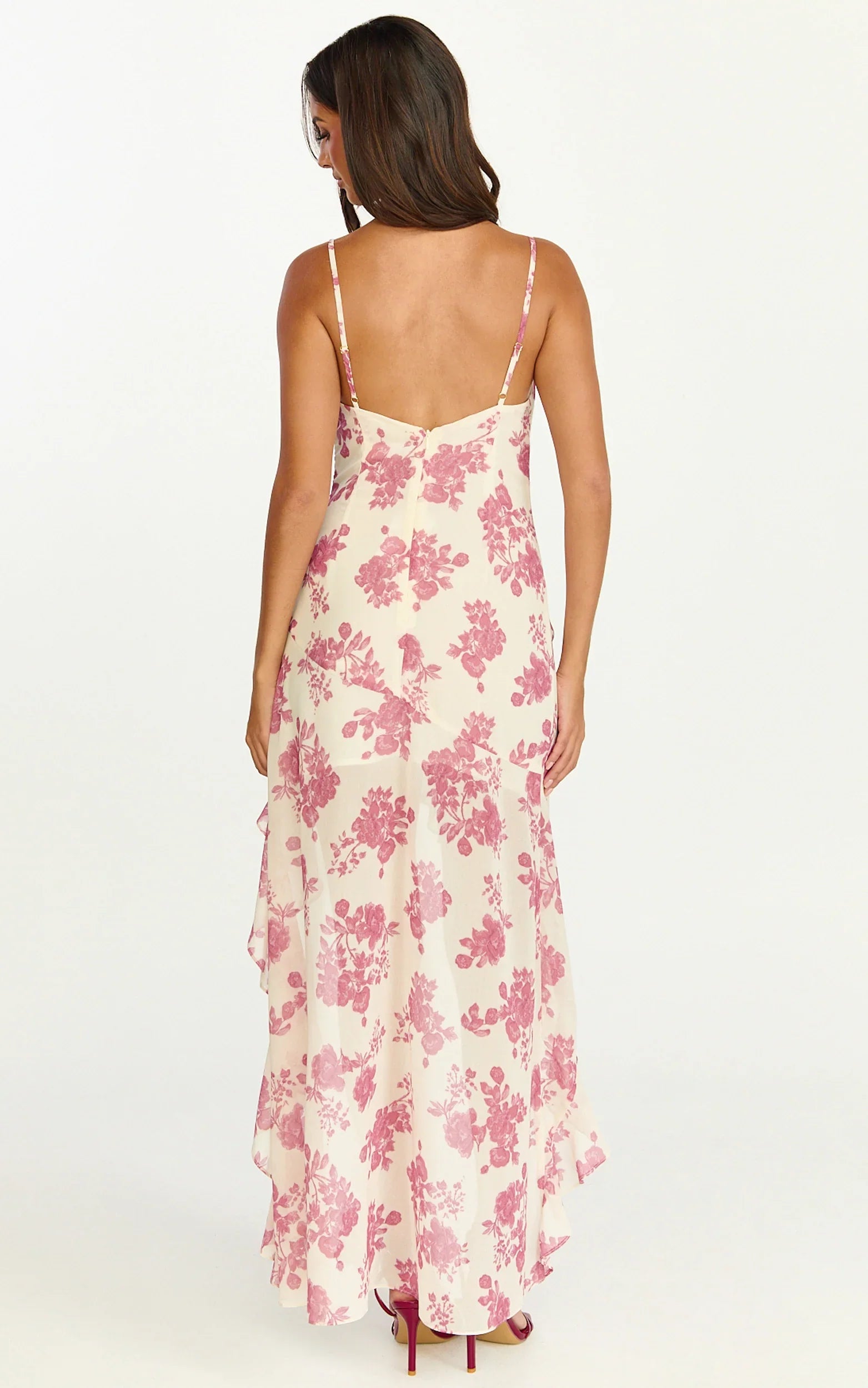 Robe longue Lila - Robe à col bénitier et jupe à volants asymétrique en imprimé Toile de Jouy