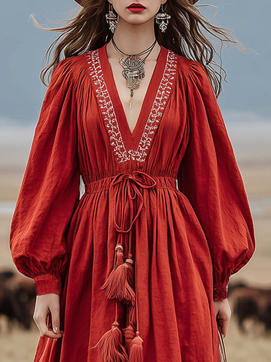 Western-style Vintage Embroidered Red Cotton And Linen Maxi Dress