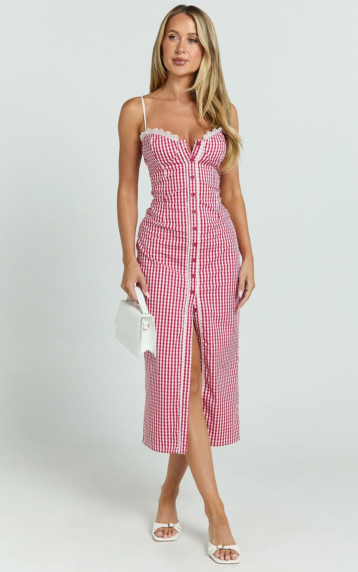 Robe longue Anessa - Robe bustier ajustée boutonnée sur le devant en vichy rouge