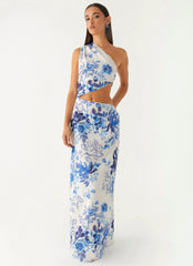 Robe longue tout l'été – Imprimé fleuri ciel serein