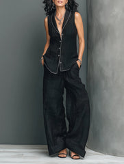 Black Textured Cotton-linen White Piping Sleeveless Blazer Vest & High-waist Wide-leg Pants Set