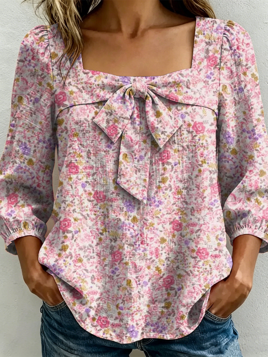 Colorful Floral Decorative Pattern Women's Long Sleeve Square Collar Linen Cotton Shirt