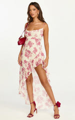 Robe longue Lila - Robe à col bénitier et jupe à volants asymétrique en imprimé Toile de Jouy
