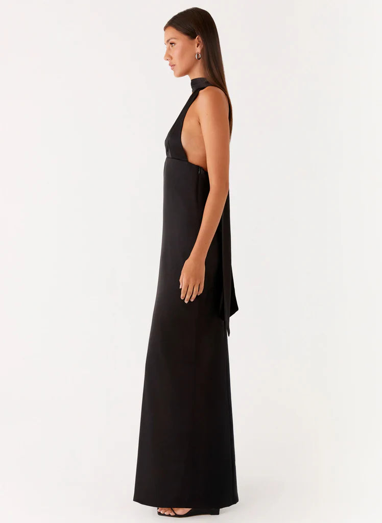 Robe longue dos nu en satin Alicia - Noir