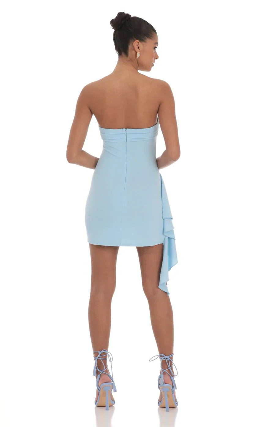 Robe Bustier Froncée à Pampilles Bleue