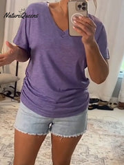 Women's Solid Color V-Neck Short Sleeve Casual Loose Cotton Top
