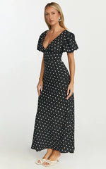 Robe Midi Elise - Robe à Manches Bouffantes et Col en V à Pois Noirs