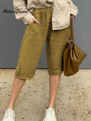 Women's Solid Elastic Waist Casual Linen Capri Pants