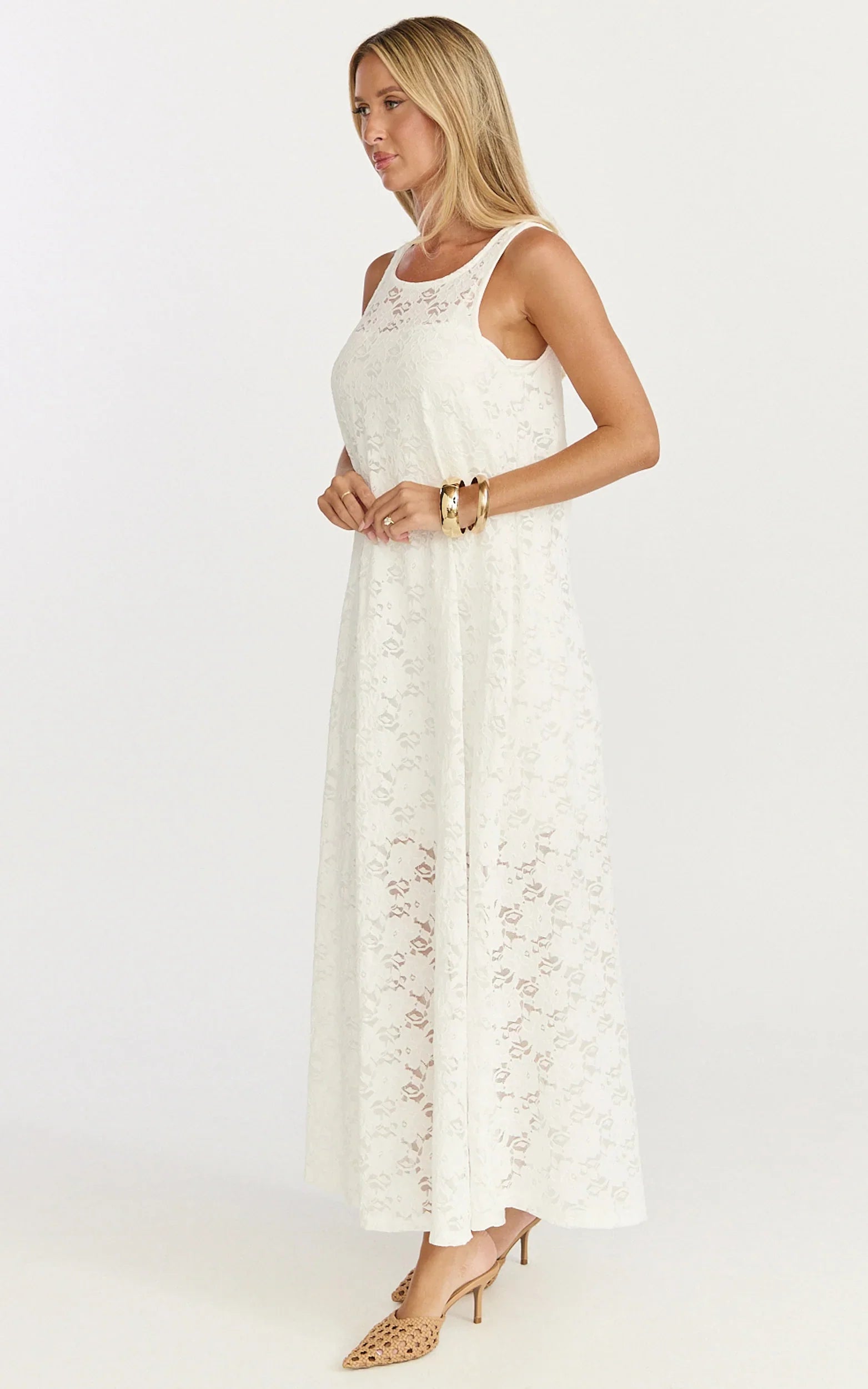 Robe longue Bella – Robe droite en dentelle blanc cassé