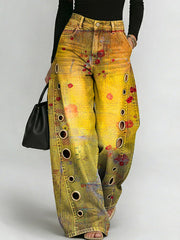 Women's Vintage Print Casual Fashion Cutout Jeans