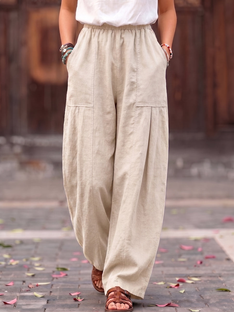 Cozy Casual Pleated Cotton-linen Wide-leg Pants