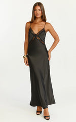 Robe midi Christy – Robe nuisette noire à col en V avec détails en dentelle